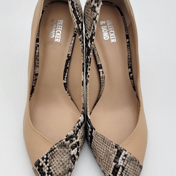 Bleecker & Bond Parker Tan Snakeskin Print Leather Pointy Toe Heeled Pumps 9M - Picture 1 of 9